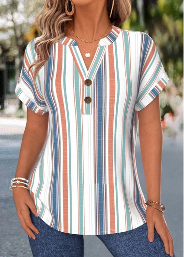 women clothes image of Multi Color Geometric Print Tummy Coverage Short Sleeve Blouse