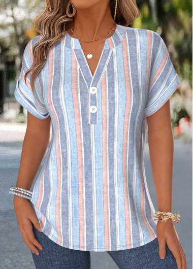 women clothes image of Multi Color Tummy Coverage Short Sleeve Split Neck Blouse
