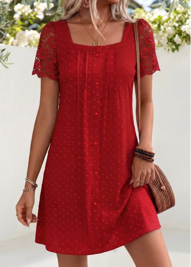 women clothes image of Red Short Patchwork Square Neck Dress