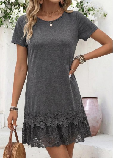 women clothes image of Dark Grey Marl Short Patchwork Round Neck Dress
