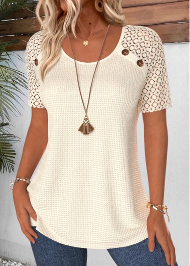 women clothes image of Beige Patchwork Short Sleeve Round Neck T Shirt
