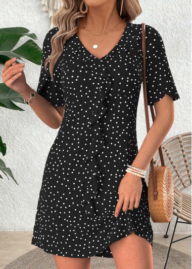 women clothes image of Black Polka Dot Short Ruffle V Neck Dress