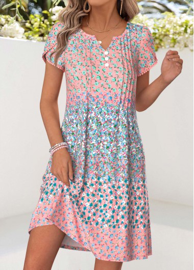 women clothes image of Multi Color Floral Print Short Tuck Stitch Dress