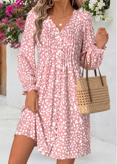 women clothes image of Pink Geometric Print Short Tuck Stitch Long Sleeve Dress