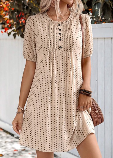 women clothes image of Light Camel Polka Dot Short Frill Round Neck Dress