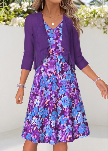 women clothes image of Purple Floral Print Two-piece Short Sleeve Dress and Shawl