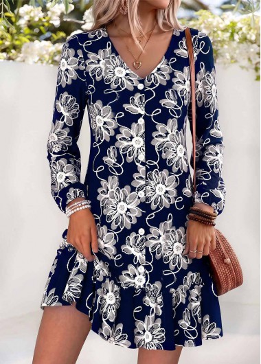 women clothes image of Navy Floral Print Short Tummy Coverage V Neck Dress