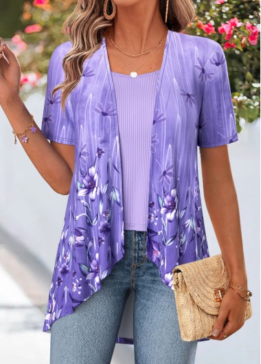women clothes image of Purple Floral Print Short Sleeve Fake Two Piece Twinset