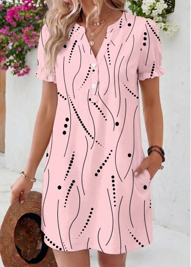 women clothes image of Pink Geometric Print Short Shirred Split Neck Dress