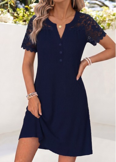 women clothes image of Navy Short Patchwork Split Neck Dress