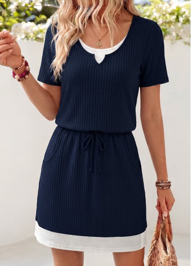 women clothes image of Navy Short Fake 2in1 Round Neck Dress