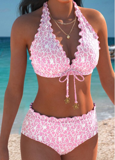 women clothes image of Pink Mid Waisted V Neck Bikini Set