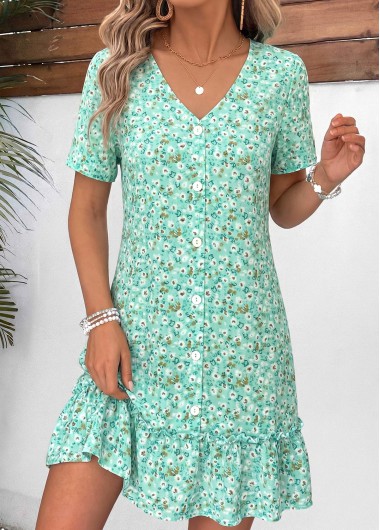 women clothes image of Light Green Floral Print Short Tummy Coverage Dress
