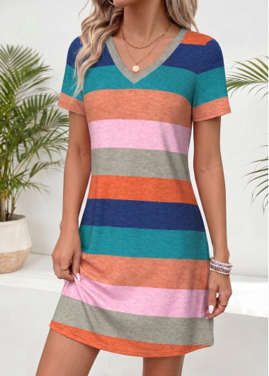 women clothes image of Multi Color Striped Short Tummy Coverage V Neck Dress