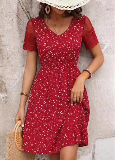 women clothes image of Red Polka Dot Short Patchwork V Neck Dress