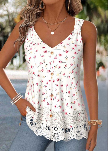 women clothes image of Beige Ditsy Floral Print Patchwork Sleeveless Tank Top