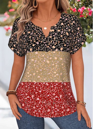 women clothes image of Multi Color Ditsy Floral Print Curved Hem Blouse