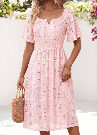women clothes image of Pink Short Smocked Split Neck Dress