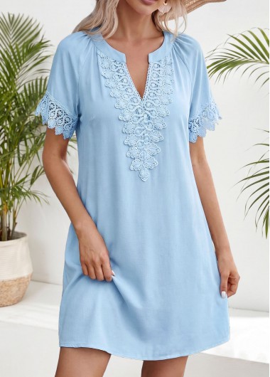 women clothes image of Light Blue Short Shirred Split Neck Dress