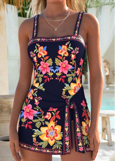 women clothes image of Black Layered Floral Print One Piece Swimdress