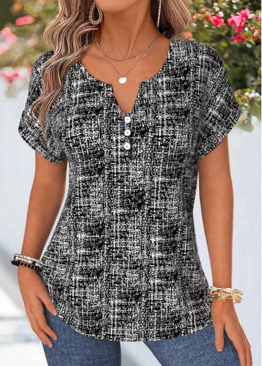 women clothes image of Black Geometric Print Tummy Coverage Short Sleeve Blouse
