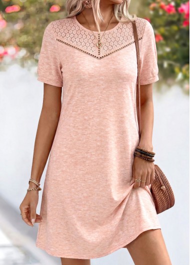 women clothes image of Light Pink Short Patchwork Round Neck Dress