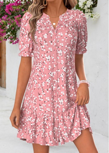 women clothes image of Pink Ditsy Floral Print Short Shirred Half Sleeve Dress