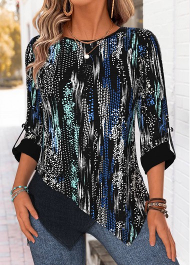 women clothes image of Black Geometric Print Handkerchief Hem 3/4 Sleeve Blouse
