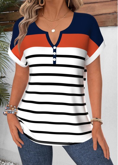 women clothes image of White Striped Button Short Sleeve Split Neck Blouse