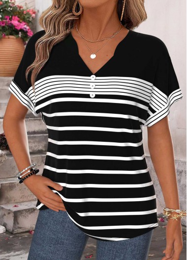 women clothes image of Black Striped Tummy Coverage Short Sleeve T Shirt