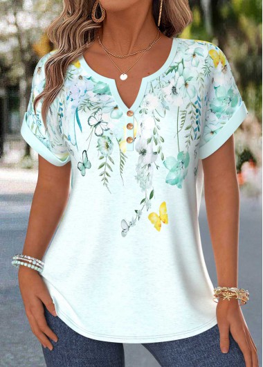 women clothes image of Mint Green Floral Print Tummy Coverage Short Sleeve Blouse