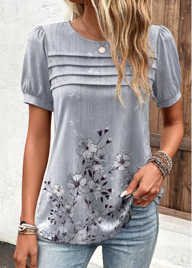 women clothes image of Light Grey Marl Floral Print Patchwork T Shirt
