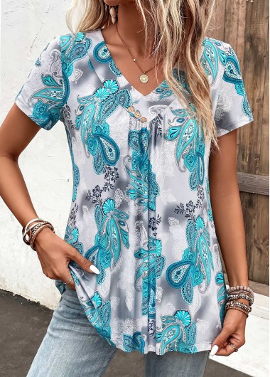 women clothes image of Cyan Paisley Print Curved Hem Short Sleeve T Shirt