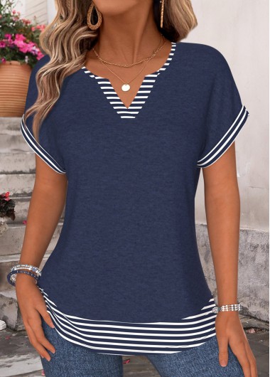 women clothes image of Navy Striped Patchwork Short Sleeve Split Neck T Shirt