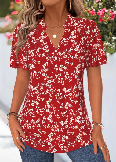 women clothes image of Red Ditsy Floral Print Frill Short Sleeve Blouse
