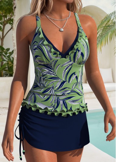 women clothes image of Navy Mid Waisted Frill Leaf Print Tankini Set