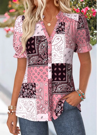 women clothes image of Pink Patchwork Ruffle Short Sleeve V Neck Blouse