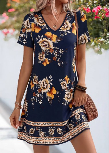 women clothes image of Navy Random Floral Print Short Tummy Coverage Dress