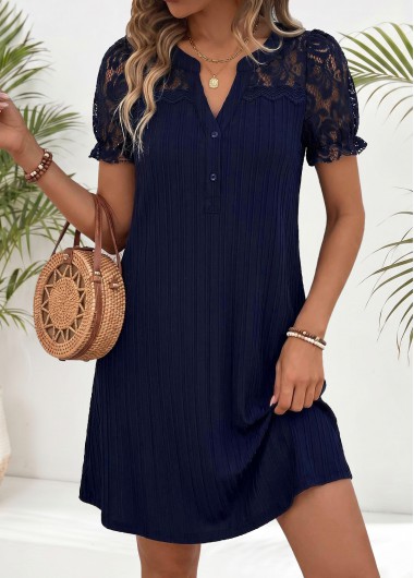 women clothes image of Navy Short Patchwork Split Neck Dress