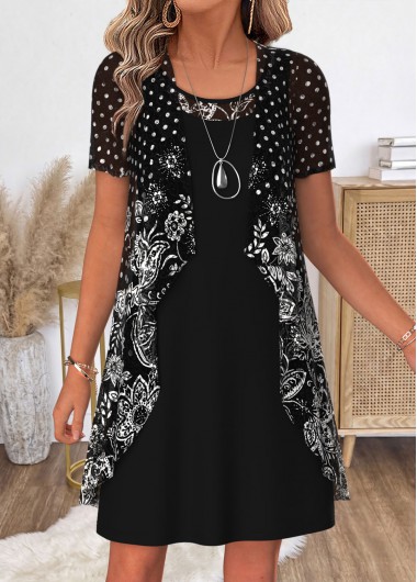 women clothes image of Black Tribal Print Two-piece Short Sleeve Dress and Cardigan