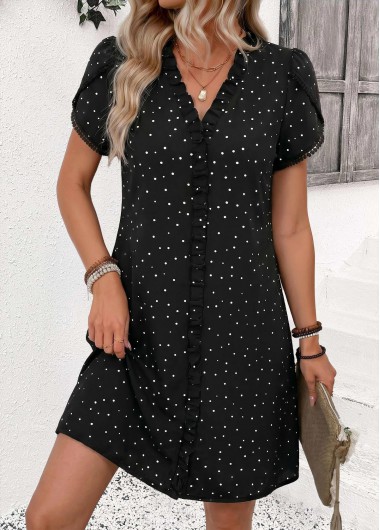 women clothes image of Black Polka Dot Short Frill V Neck Dress