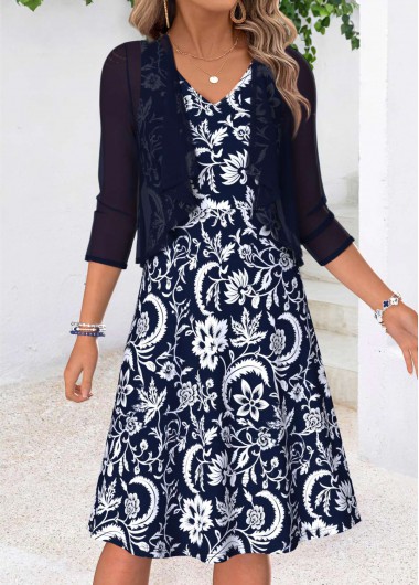 women clothes image of Navy Tribal Print Two-piece Short Sleeve Dress and Cardigan