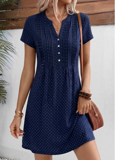 women clothes image of Navy Polka Dot Short Tuck Stitch Split Neck Dress