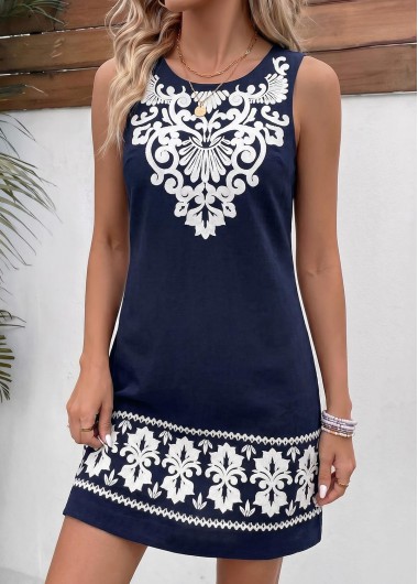 women clothes image of Navy Tribal Print Short Tummy Coverage Sleeveless Dress