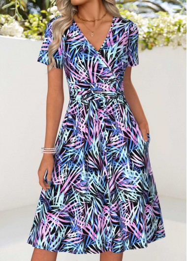 women clothes image of Multi Color Leaf Print Surplice Short Sleeve Dress