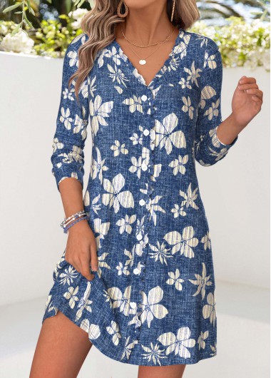 women clothes image of Denim Blue Floral Print Short Tummy Coverage Dress