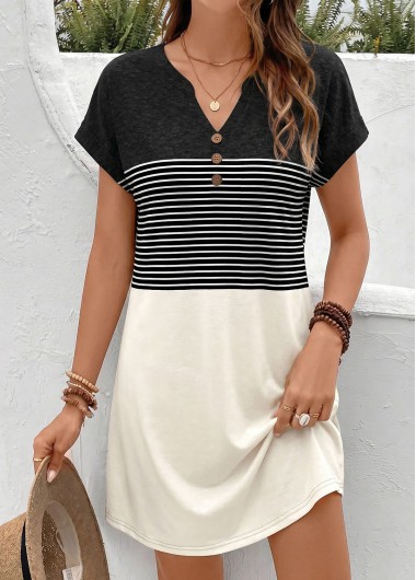 women clothes image of Black Geometric Print Short Tummy Coverage Split Neck Dress