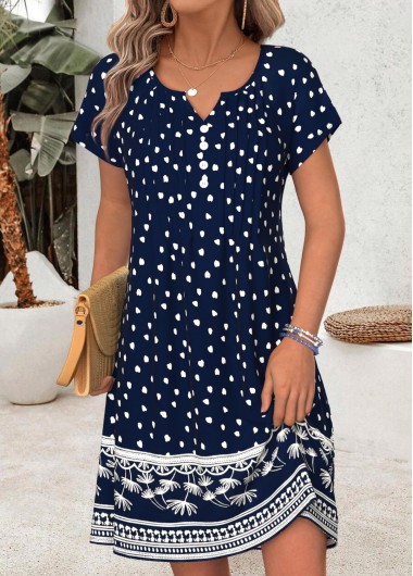 women clothes image of Navy Geometric Print Short Tuck Stitch Split Neck Dress