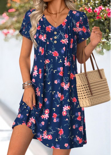 women clothes image of Navy Floral Print Short Tuck Stitch Split Neck Dress