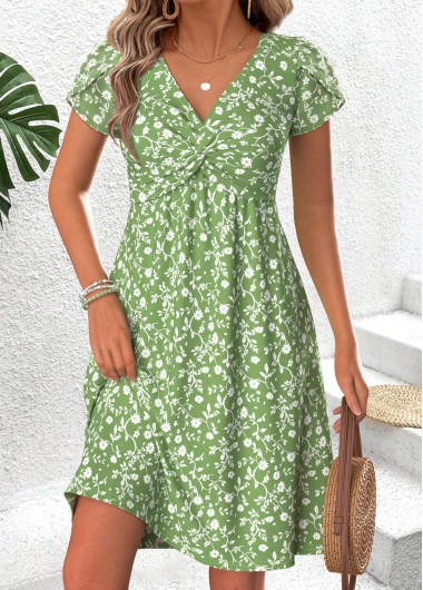 women clothes image of Green Floral Print Short Tummy Coverage V Neck Dress